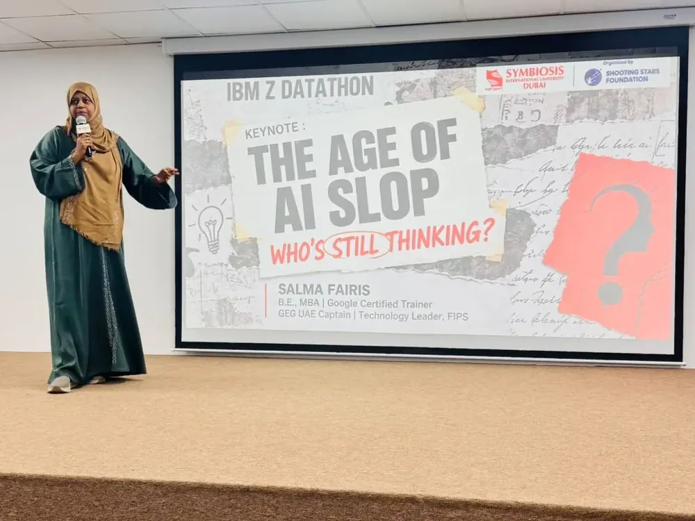 Salma delivering her keynote at the IBM Z Datathon, Symbiosis Dubai